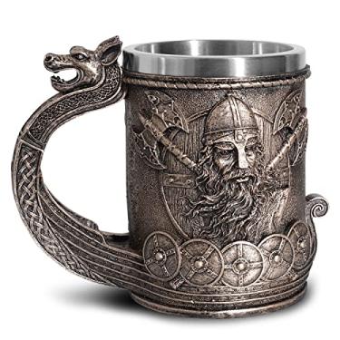 Imagem de Ottalent Caneca de cerveja Norse Viking Ship Draon Drakkar forro de aço inoxidável, cor bronze caneca de copo de café Viking Warrior para presente colecionável, 500 ml