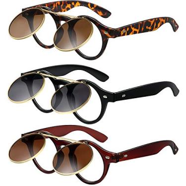 Imagem de 3 pares de óculos de sol retrô com flip up e óculos de sol Steampunk para festa