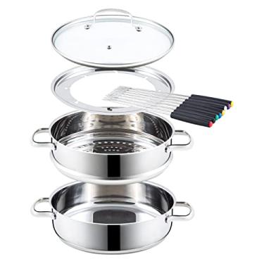 Imagem de NuWave Conjunto de vaporizadores para fondue, panela de aço inoxidável com tampa de vidro temperado, cesta de vaporização, inserção de fondue e 8 garfos de fondue, 3,5 litros, prata