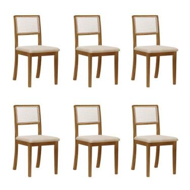 Imagem de Kit 6 Cadeiras De Jantar Palha Estofadas Veludo Bege Encosto Tela Sext