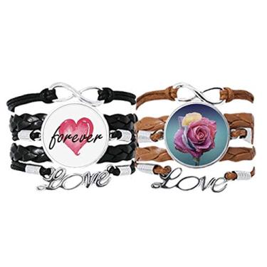 Imagem de Pulseira de couro rosa escuro com pulseira de flor dim cordão de couro Forever Love conjunto duplo