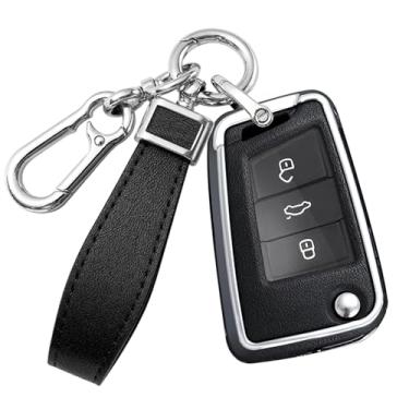 Imagem de HIBEYO Capa de chave para VW Golf 7 Capa de chave de carro para Volkswagen Polo Tiguan MK7 Sagitar T-ROC Lavida acessórios com chaveiros liga PU material de couro protetor de chaveiro - prata preto