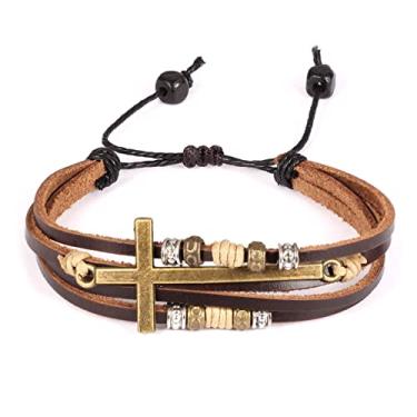 Imagem de Pulseira Masculina Pulseira de Couro Pulseira de Aço Inoxidável Pulseira Trançada Multicamada Trançada Bronze Fio Cruz Contas de Madeira