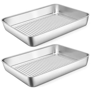 Imagem de P&P CHEF Forma de bolo retangular de 30 cm de profundidade, assadeira de aço inoxidável assadeira de lasanha para torradeira, para assar carne de bolo de biscoito, fundo ondulado e resistente, não