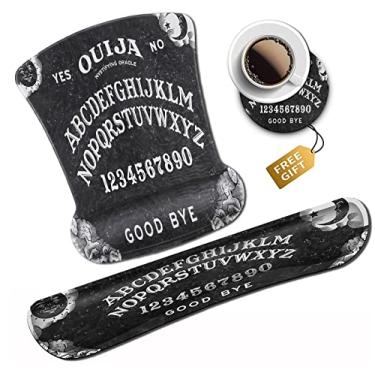 Imagem de Mouse pad preto com borda costurada, base de borracha antiderrapante, padrão de bruxa Ouija, acessórios de escritório, decoração de mesa para computador, laptop, mousepad com protetor de pulso e