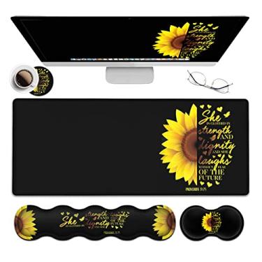 Imagem de Mouse pad preto para jogos + teclado descanso de pulso XL grande tapete de mouse girassol verso cristão provérbios 31-25 almofada de mesa estendida antiderrapante borracha mouse pads almofadas de