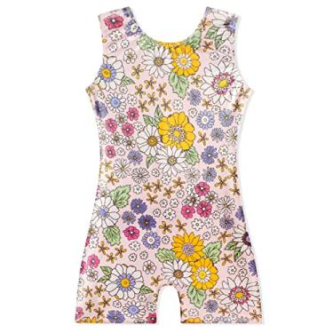 Imagem de EQSJIU Collant de ginástica com shorts para meninas unicórnio arco-íris balão flor brilhante gradiente cores biketard 1-10 anos, Flor multicolorida, 5-6 Anos