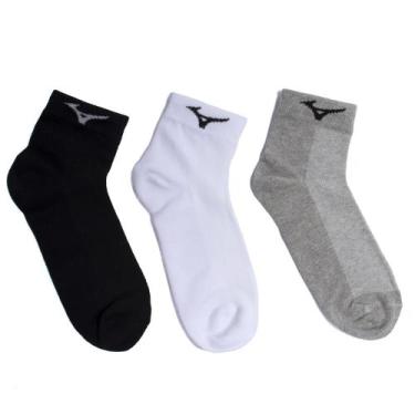 Imagem de Kit 3 Pares Meias Esportivas Mizuno Cano Curto Cinza/Branco/Preto, Cin