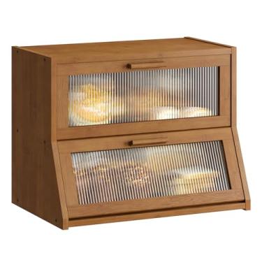 Imagem de GHWIE Caixa de pão de bambu de camada dupla para bancada de cozinha, caixa de armazenamento de pão de grande capacidade, recipiente para pão com painel de porta ondulado de acrílico (marrom, médio)