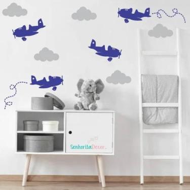 Imagem de Adesivo De Parede Avião E Nuvens Decoração Quarto De Meninos - pinkie