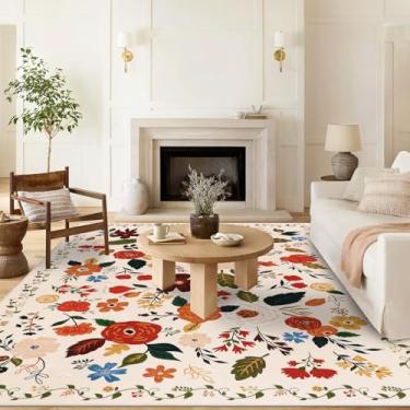 Imagem de U'Artlines Tapete de área floral de 1,8 x 2,7 m, lavável na máquina, ultra macio, pilha baixa, antiderrapante, antiderrapante para sala de estar, quarto, sala de jantar, escritório (bege)