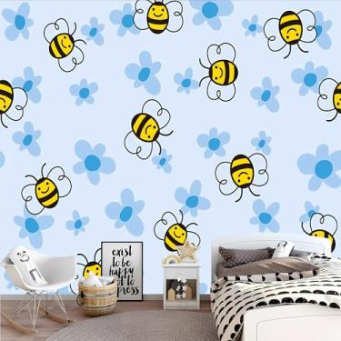 Imagem de Lcythiazole Papel de parede de abelha amarela mural boho papel de parede flor azul para sala de estar, quarto, quarto de crianças, tamanho personalizável, descascar e colar, autoadesivo removível