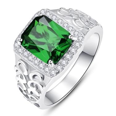 Imagem de BONLAVIEGEM 5,3 quilates Vintage Imitação Safira | Esmeralda | Anel de Ônix Preto para Homens Banhado a Ouro Branco 11 mm Corte Quadrado Masculino Coquetel Aliança Padrão Celta para Pai Tamanho 7-12