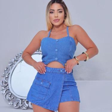 Imagem de Short Saia Jeans Feminino Assimetrico - KCG STORE, Lavagem média, 44