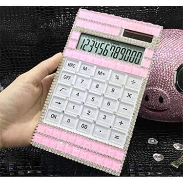 Imagem de SA@ Elegante strass cristal deslumbrante 12 dígitos solar e bateria dupla potência grande display LCD calculadora de mesa padrão para escritório, casa, escola (rosa)