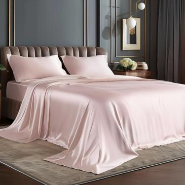 Imagem de BEDELITE Jogo de cama solteiro de cetim, luxuoso rosa macio e sedoso para cabelo e pele, semelhante ao conjunto de lençóis de seda, 3 peças com 1 lençol com elástico alto, 1 lençol de cima e 1 fronha