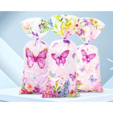 Imagem de Sacos de guloseimas de borboleta, 100 peças de sacolas de doces de plástico de celofane para festa de flores de borboleta rosa com laços torcidos transparentes para casamento, aniversário, suprimentos