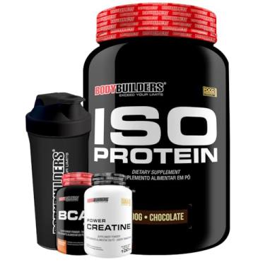 Imagem de Kit Iso Protein 900g + BCAA 4,5g Tangerina 100g + Power Creatina 100g + Coqueteleira - Bodybuilders (Médio, Chocolate)