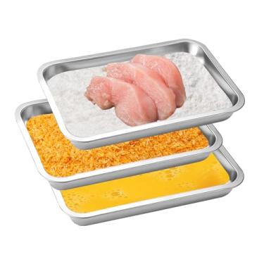 Imagem de JMUSTTBO Conjunto de 3 bandejas de panificação de aço inoxidável para dragar peitos de frango e marinar carne, bandejas de preparação de alimentos (31,5 x 21,6 x 4,8 cm)