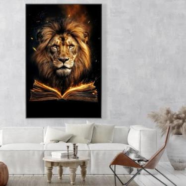 Imagem de Leão da tribo de Judá e a Bíblia - MeMoldura, Moldura Preta, 60x90cm