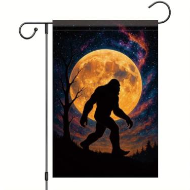 Imagem de Starlit Patio Bandeira de jardim de outono de Dia das Bruxas, bandeira do Pé Grande, 30,5 x 45,7 cm, frente e verso, lua cheia, floresta, quintal, bandeira, assustadora, decoração ao ar livre para