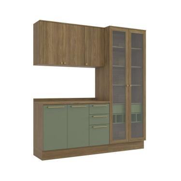 Imagem de Cozinha Completa 3 Peças com Armário e Balcão Kappesberg Botânic 200cm Nogueira/Verde Oliva- CB905