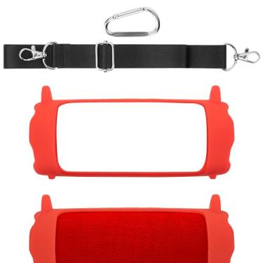 Imagem de Geekria Capa de alto-falante de silicone compatível com JBL Flip7, capa protetora macia, bolsa de transporte portátil de substituição para viagem com alça de ombro (vermelha)
