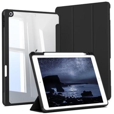 Imagem de JKSML Capa para iPad 9ª/8ª/7ª geração de 10,2 polegadas, capa com suporte para lápis para iPad 9/8/7 2021/2020/2019, capa traseira rígida, despertar/hibernar automaticamente, preta