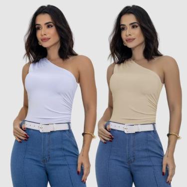 Imagem de Kit 2 Body Blusa Tshirt Suplex Plissado Um Ombro Só Regata Elegante Fa