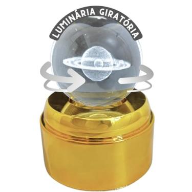 Imagem de Luminária Giratória Decorativa com Esfera de Vidro 3D, Base LED Iluminada, Dourada (Saturno)