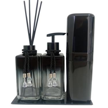 Imagem de Combo para Lavabo - Jogo de Banheiro Organizador Porta Sabonete Líquido + Porta Aromatizador + Porta Escovas com Divisórias + Bandeja + Combo de Varetas (Preto).