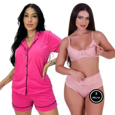 Imagem de Pijama Americano com Botões + Sutiã Amamentação Liso + Calcinha Cós Al