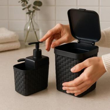 Imagem de Kit Porta Detergente Dispenser + Lixeira 5 Litros Rattan Sabonete Liqu