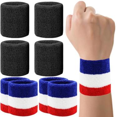 Imagem de Pacote com 8 faixas de suor para pulso de tênis, pulseiras absorventes para homens e mulheres, faixas de suor de algodão respirável para malhar, futebol, basquete, corrida, esportes atléticos - Preto