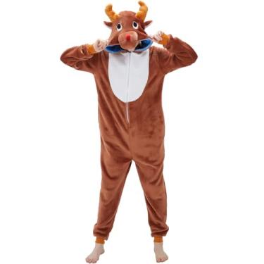 Imagem de WEQJC Pijama adulto macacão fantasia de Halloween peça única slim fit roupa de dormir cosplay terno para homens e mulheres, Rena de café, G