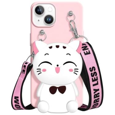 Imagem de SGVAHY Capa carteira para iPhone 14 Plus com cordão transversal zíper gato bonito desenho animado capa para iPhone 3D Kawaii capa protetora de silicone macio à prova de choque para mulheres meninas (branco)