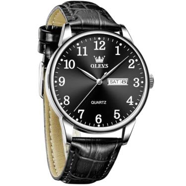 Imagem de OLEVS Relógio masculino, relógios masculinos clássicos prateados, à prova d'água, aço inoxidável, números romanos, relógio masculino fácil de ler, Couro preto e rosto preto, Round, relógio de negócios