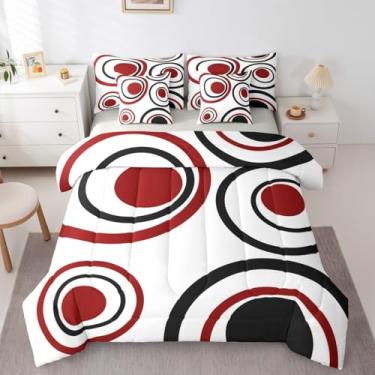 Imagem de Erosebridal Conjunto de edredom Queen com círculos vermelhos e pretos para adultos, mulheres, homens, listrado, abstrato, geométrico, geométrico, 7 peças, linhas minimalistas, boêmio, arte simples