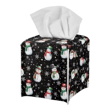 Imagem de doginthehole Decoração de Natal, capa de caixa de lenços com estampa de boneco de neve de Natal, suporte quadrado de couro PU para banheiro, cômoda de quarto, mesas de cabeceira, bancada de cozinha