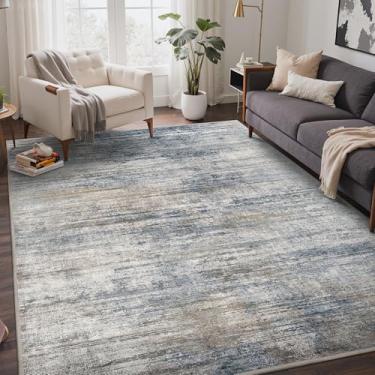 Imagem de Bavni Tapete lavável, tapetes abstratos macios antiderrapantes, tapete fino dobrável 15 x 23 cm, tapete moderno resistente a manchas para sala de estar, cozinha, quarto, azul/cinza claro