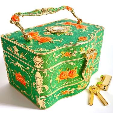 Imagem de Baú de joias rosa estilo pastoral caixa de metal bugiganga vintage bandeja de armazenamento de pedras preciosas caixa de presente de lembrança de tesouro para meninas e mulheres (verde estrelado