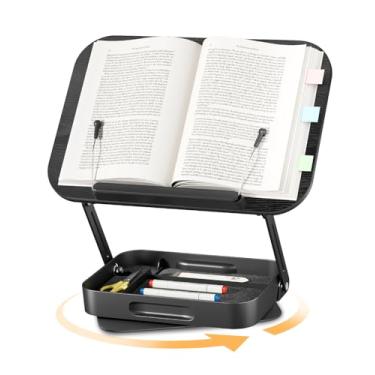 Imagem de Suporte ajustável para leitura com armazenamento – base giratória de 360°, altura ajustável, clipes de página extralargos para livros grossos – Suporte portátil de mesa para estudo, cama, escritório