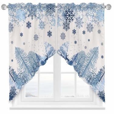 Imagem de Bilagawa Cortinas de saia de inverno com flocos de neve de Natal, árvores, azul, bolso para varão, cozinha, janela, topo, decoração curta, para sala de estar, quarto, 2 painéis, 71 cm x 91 cm
