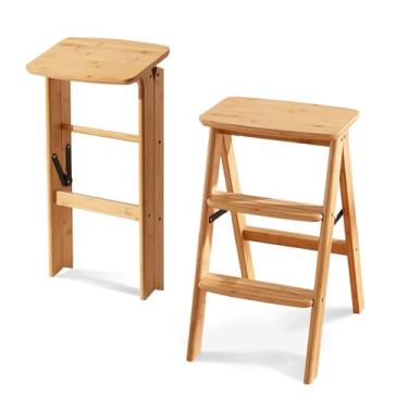 Imagem de Baveke Escada de degrau dobrável de 3 níveis - Banqueta antiderrapante dobrável, multi escada de bambu 3 em 1 leve, portátil, banco de madeira que economiza espaço para cozinha e escritório (natural)