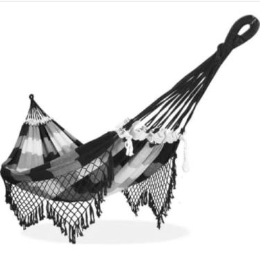 Imagem de Rede de Descanso 100% Algodão - Suporta até 180kg - Casal, Varanda e Jardim - 2,6x1,5m(Quadriculada preta com cru)