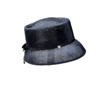 Imagem de Chapéu de palha feminino de fio de cânhamo decoração elegante chapéu de palha casual feminino telhado côncavo azul-marinho arco M 55-57 cm