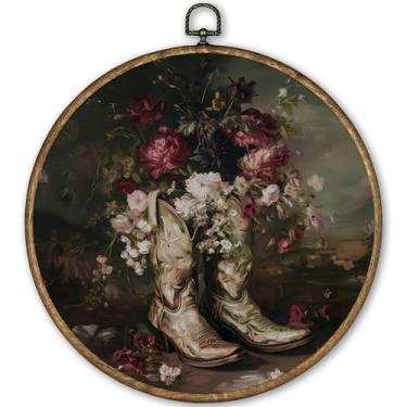 Imagem de TLESKE Decoração de parede redonda Moody floral vaqueira ocidental emoldurada 25,4 x 25,4 cm, arte de parede em tela de caubói, Dark Academia Cottagecore pendurado na parede, decoração de porta de
