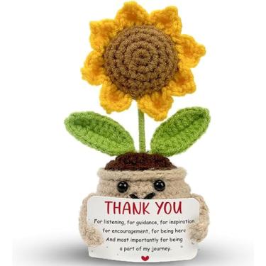 Imagem de Boneca de girassol positiva feita à mão em crochê com cartão, agradecimento por ouvir, presente de agradecimento para colega de trabalho, amigo - Dia das Mães, Natal, aniversário, presente de