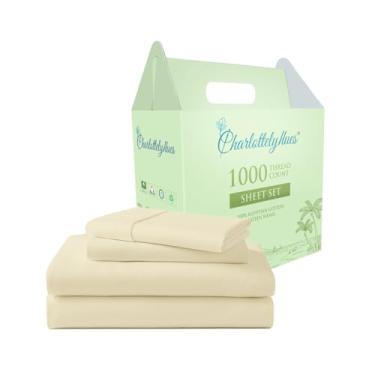 Imagem de CharlottelyHues Jogo de lençol 4 peças 100% algodão egípcio hotel luxuoso respirável macio ajuste confortável lençóis de cama com acabamento acetinado cabe em colchões de até 45,7 cm (marfim, Queen)