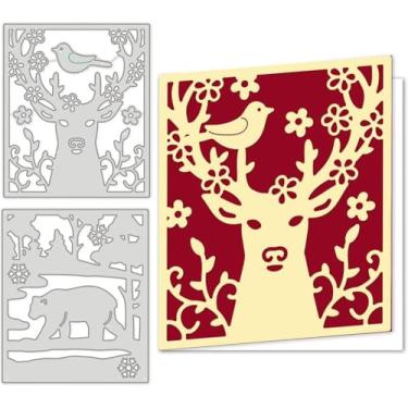 Imagem de 2 moldes de matrizes de corte de metal com moldura de veado e urso com padrão de árvores e floco de neve para scrapbook faça você mesmo, cartões comemorativos, decoração de envelope de álbum, platina